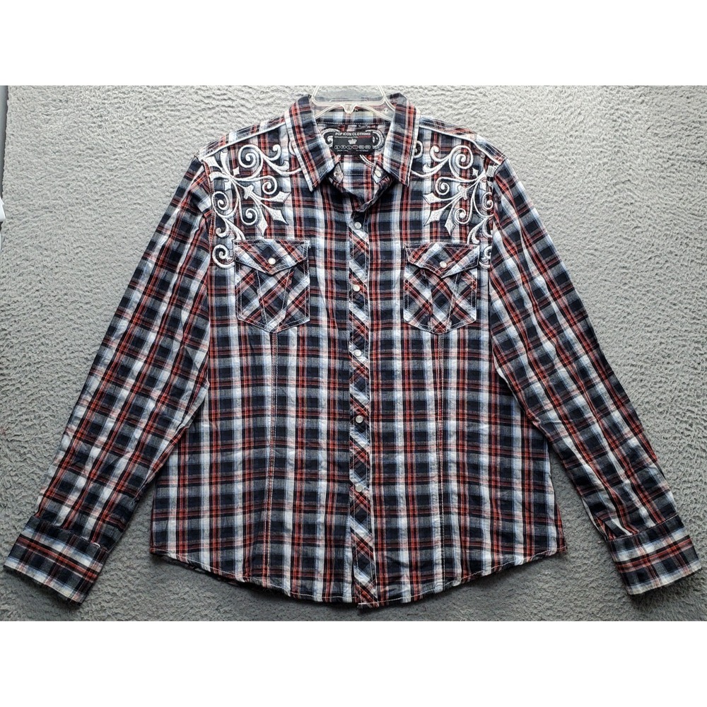 Pop‎ Icon Western Rodeo Shirt Mens XL Multi Plaid Scroll Embroidered Pearl Snap